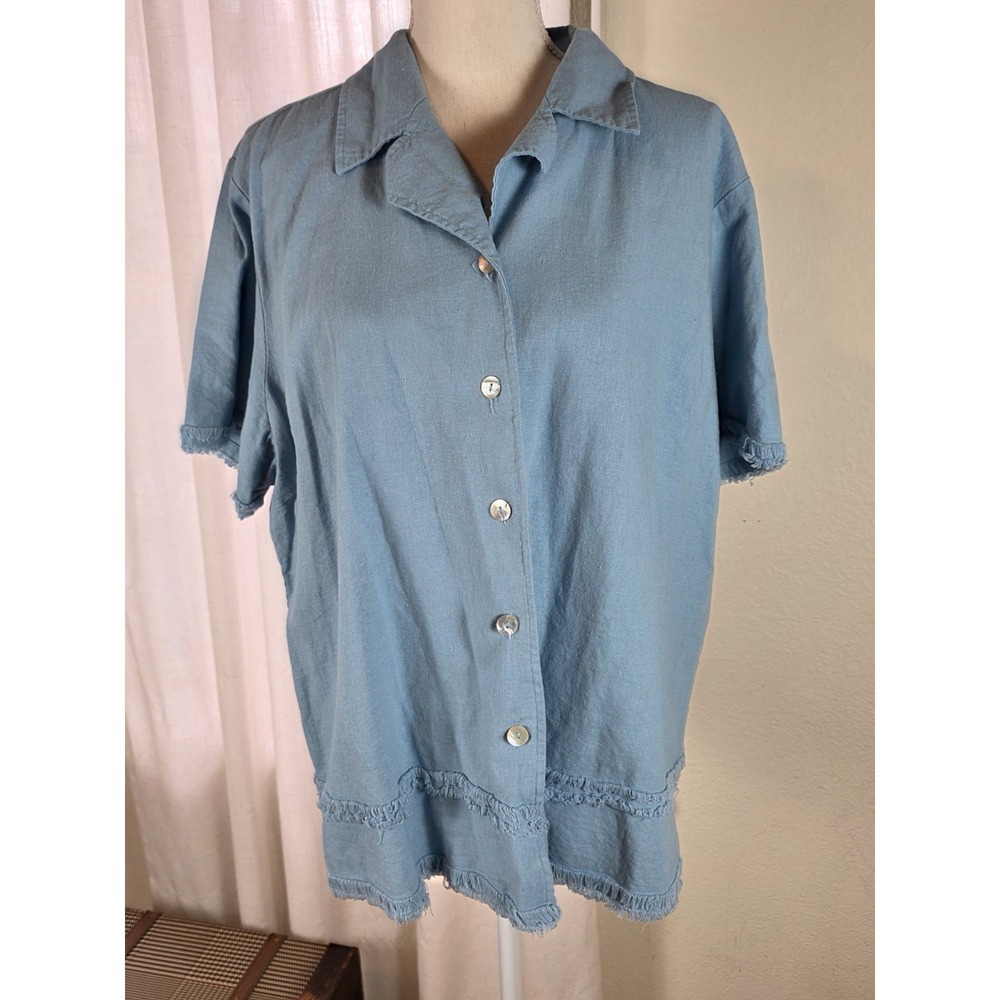 Selene Sport Linen Blend Button Frayed edges Shirt Top Women's 2X‎ Blue